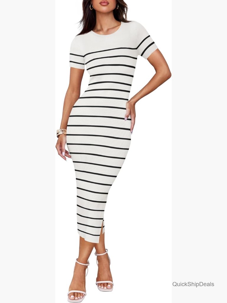 Ribbed Knit Bodycon Midi Dress With Side Slit And Striped Pattern